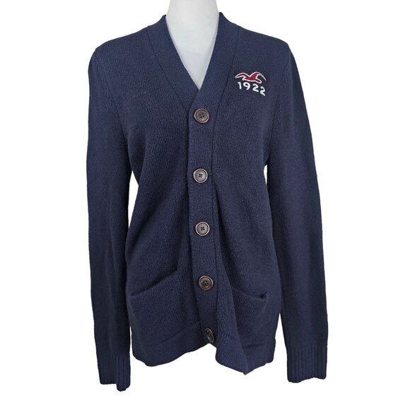 VTG Hollister 1922 University Cardigan Sweater Sz M Navy Chunky Knit Wool Preppy - Picture 1 of 10